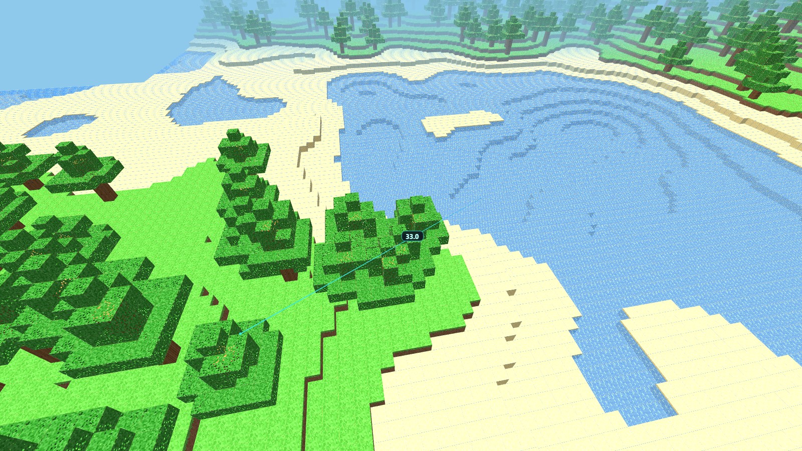 A Diggerton world at noon: a lagoon with sandbars and a blocky forest, with the in-game measure tool showing a real 33.0-block reading across the shore.