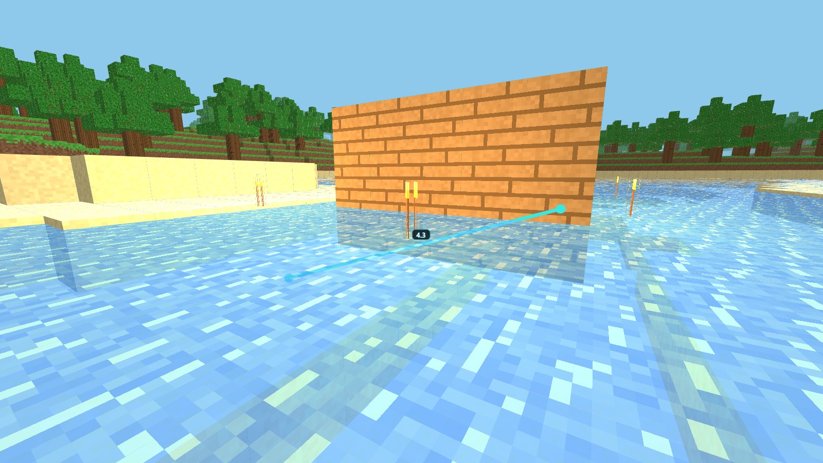 The Diggerton measure tool drawing a bright line across shallow water to a brick wall, with a chip reading 4.3 blocks.