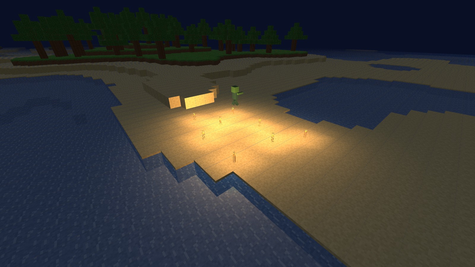 A Diggerton beach at night: a ring of torches lights a sandy camp between dark water and forest, with a shambler at the edge of the glow.