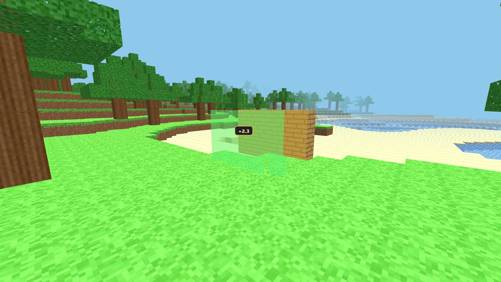 A whole brick wall selected in Diggerton, with a translucent green preview slab pulled 2.3 blocks outward and a gold +2.3 readout.